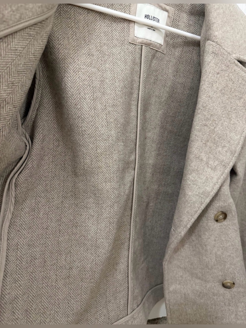 Hollister Soft Wool Blend Cropped Pea Coat in “Oatmeal/Cream Herringbone” Size S - Picture 8 of 10